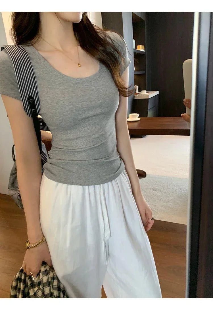 Femme 2025 Summer Casual Cotton T Shirt For Women Short Sleeve Tshirts Fashion Womens Clothing Slim Basic O Neck Y2K Tee Shirt