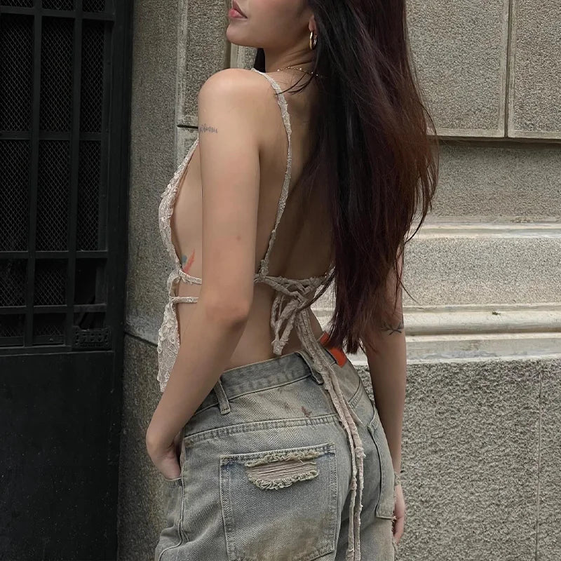 Women Lace Spaghetti Strap Deep V Neck Sexy Cami Top Backless Sheer Crop Tank Summer Chic Transparent Bralette Top 2025 New