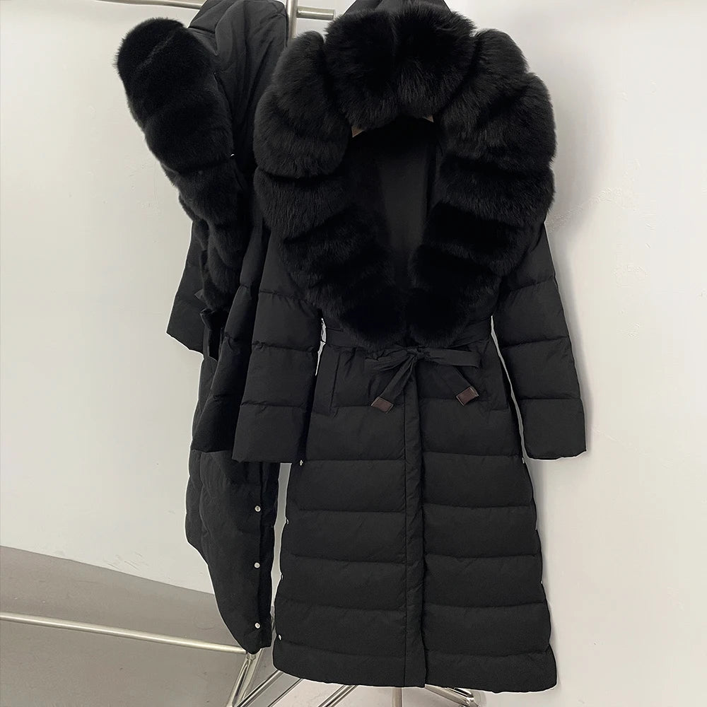 OFTBUY Large Real Fox Fur Collar X-Long Puffer Jacket Women Hooded Winter White Duck Down Coat Thick Female Parkas With Belt