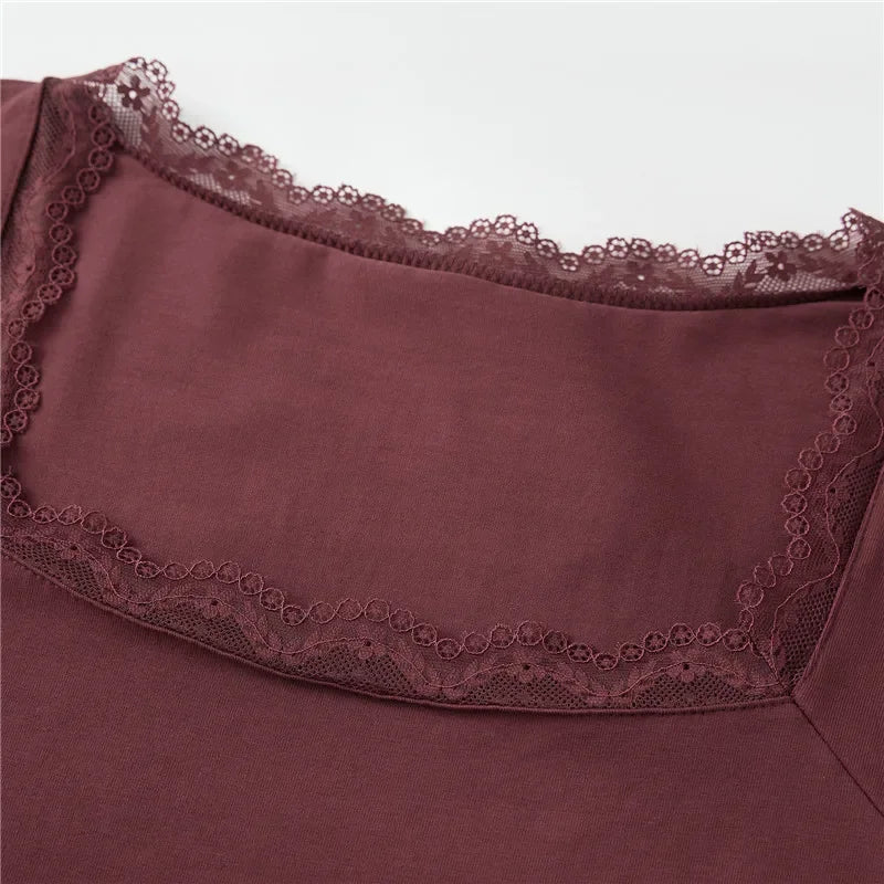 Women's Spring Lace Trim Tee Shirt Blouses Fashion Long Sleeve Square Neck Slim Trendy Party T-shirt Y2K Streetwear