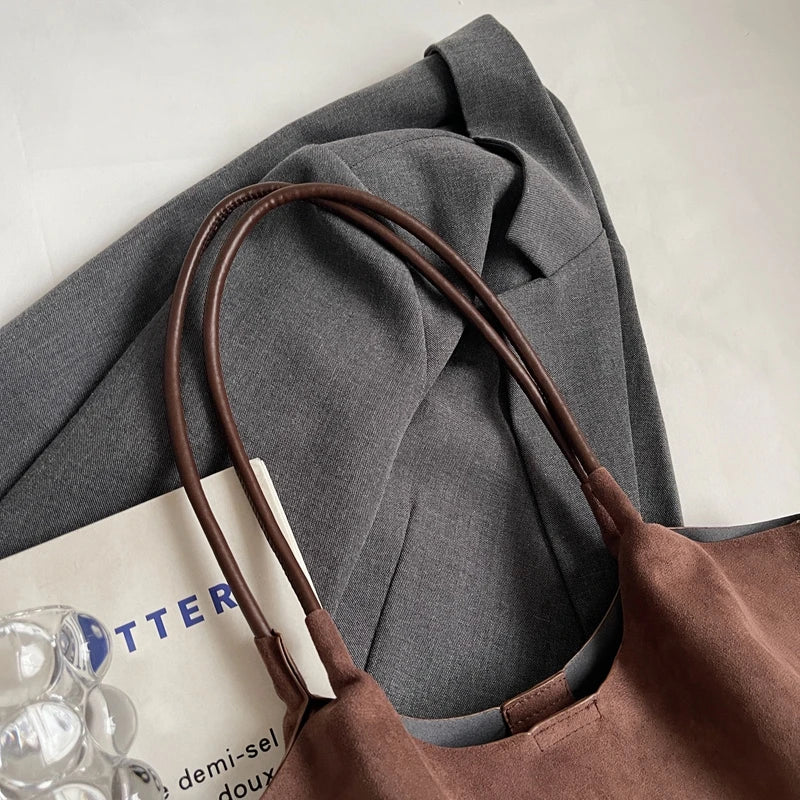 2pcs/set  Women Tote Bags Work Bags Suede Slouchy Bag Hobo Handbag Tote Handbag Suede Shoulder Bag Solid Color Commuting Bag