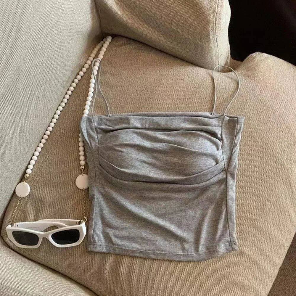 Sleeveless Tees Tank Tops For Women Camisole Vest Cropped Top Slim Fit Solid Color Spaghetti Strap Built In Bra Women Clothes