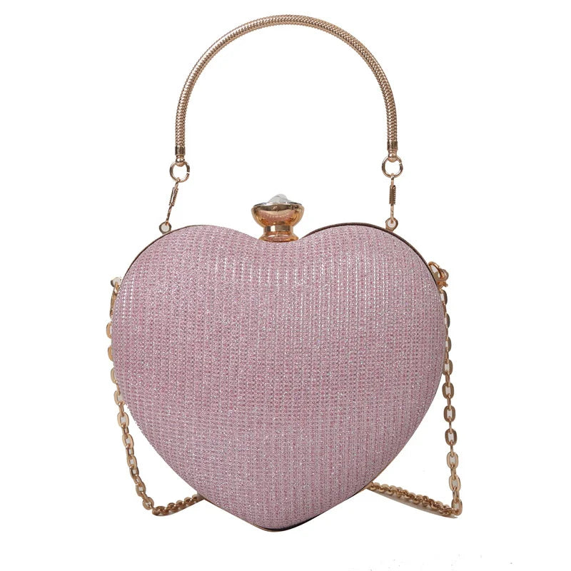 Evening Clutch Bag Women Bag Shiny Handbag Heart Shape Metal Clutches Bag Fashion Chain Shoulder Crossbody Bag Luxury Lady Purse