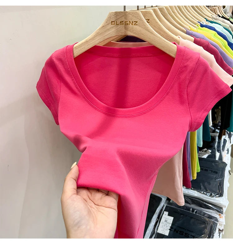 2025 Sexy Square Collar Slim T Shirt Women Cotton Elastic Basic Solid Female Casual Tops Short Sleeve Thin T-shirts See Through
