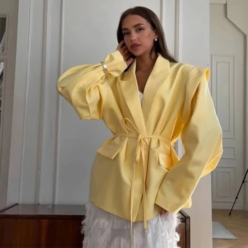 Lace Up Waist Cinched Suit Jacket Coat Blazer Shoulder Pad Strap Commuter Women Mid Length Overcoat Professional Formal Attire