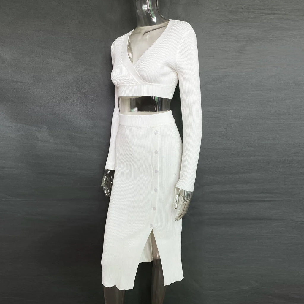 Talenza Knitted Slim Fit Slit Skirt Set 2 Piece Women's Solid Color Pullover Top Long Skirt Set Long Sleeve Women's Suit Skirt