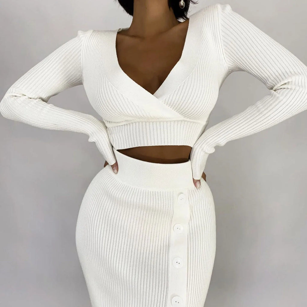 Talenza Knitted Slim Fit Slit Skirt Set 2 Piece Women's Solid Color Pullover Top Long Skirt Set Long Sleeve Women's Suit Skirt