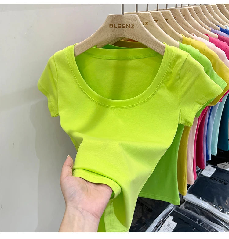2025 Sexy Square Collar Slim T Shirt Women Cotton Elastic Basic Solid Female Casual Tops Short Sleeve Thin T-shirts See Through