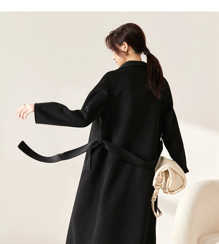 SENTUBILA Women's Long Woolen Overcoats 2025 Winter Outerwear Elegant Turtleneck Warm Double Breasted Belt Wrap Coat W24O42064