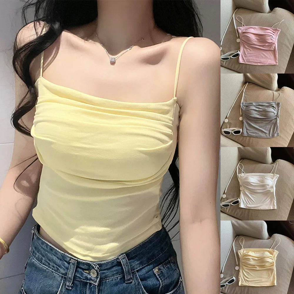 Sleeveless Tees Tank Tops For Women Camisole Vest Cropped Top Slim Fit Solid Color Spaghetti Strap Built In Bra Women Clothes