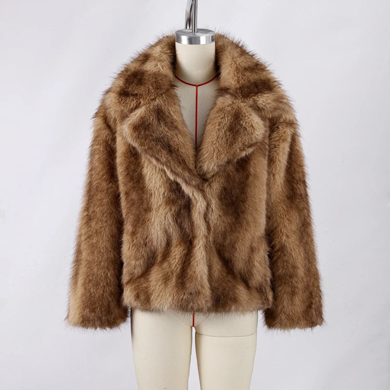 Street Faux Fur Women Coat Urban Full Sleeve Lapel Panelled Pocket Female Outwear 2025 Autumn Winter Elegant Lady Outwear