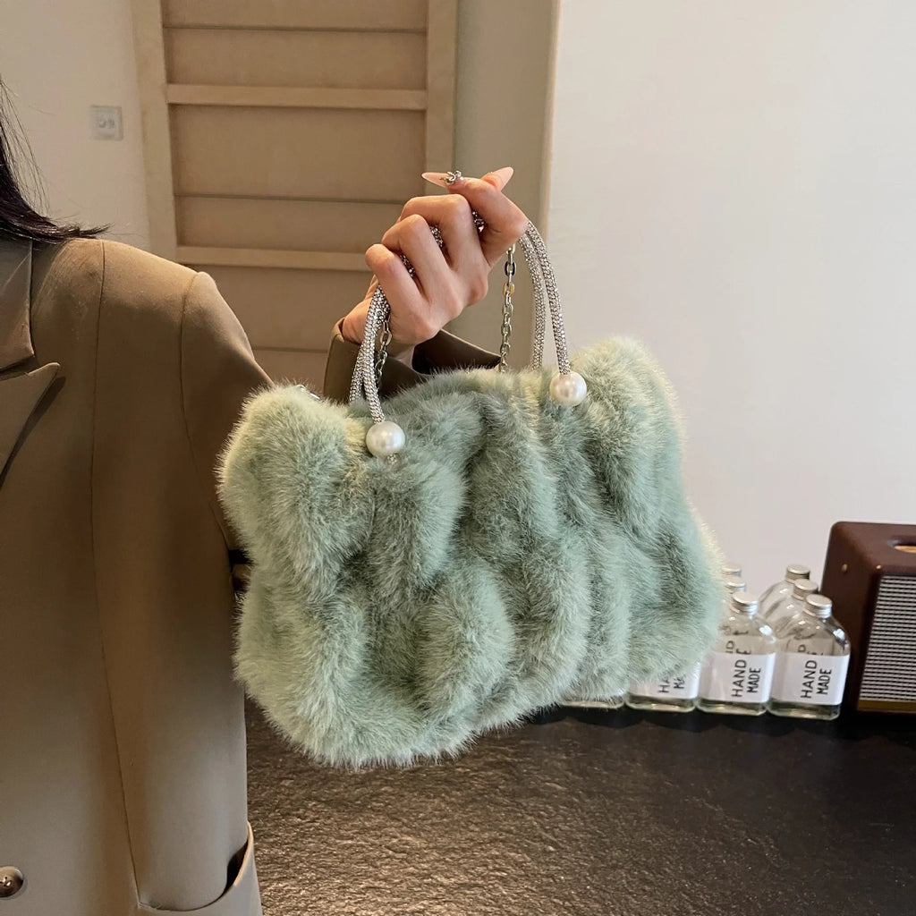 Soft Plush Evening Bags For Elegant Women Fur Dinner Party Clutch Chain Crossbody Winter Warm Luxury Designer Handbags