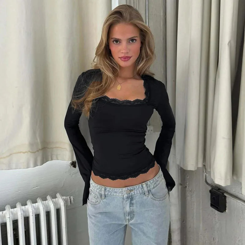 FDYOUI Lace Patchwork Long Sleeve T-shirts Streetwear Y2K Woman Clothes Casual Fashion Square Collar Slim Pink Tee Shirt Tops