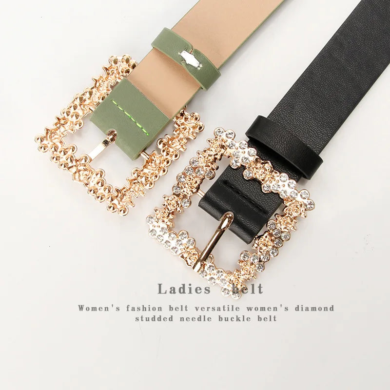 Fashionable Belts for Woman Shiny Rhinestone Beautiful Square Wreath Metal Buckle Solid Color PU Belts