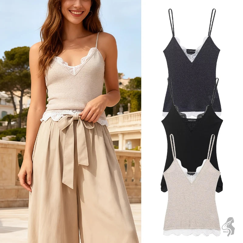 Women's Lace-Trim Cami Top, 3 Colors Available, V-Neck, Thin Straps, Sleeveless Casual Basic Tank
