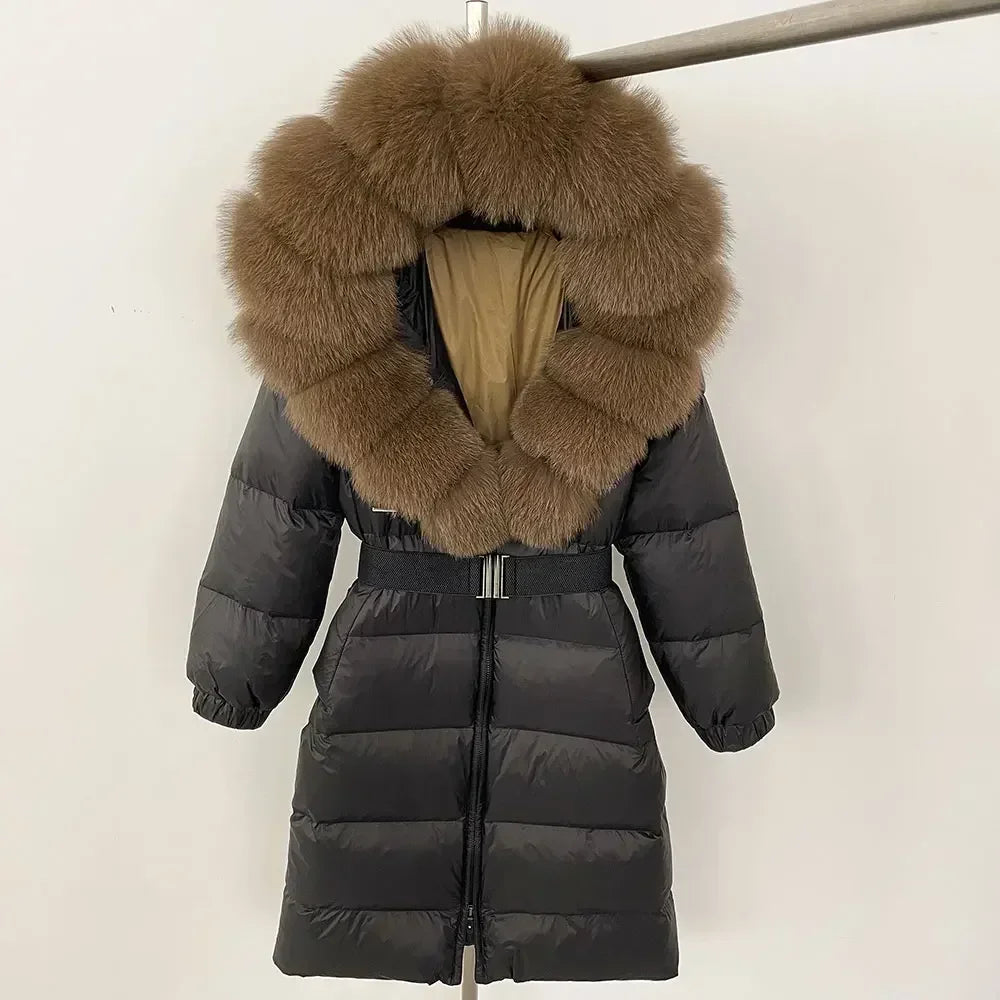 90% White Duck Down Coat New Natural Thick Warm Long Winter Jacket Women Real Big Fox Fur Collar Belt Loose Puffer Parka