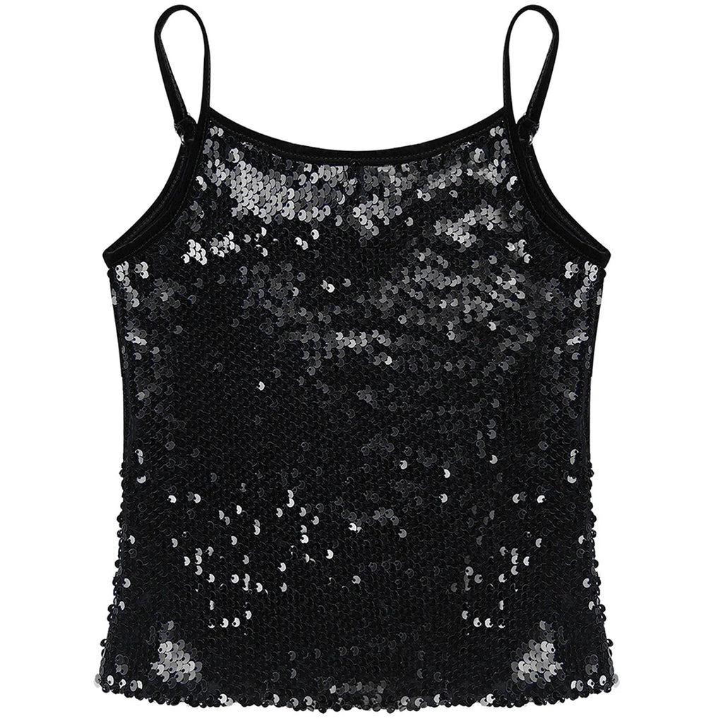 Womens Adjustable Spaghetti Straps Sparkly Sequin Tops Slim Fit Patchwork Tank Top for Pole Dancing Disco Night Out Costume
