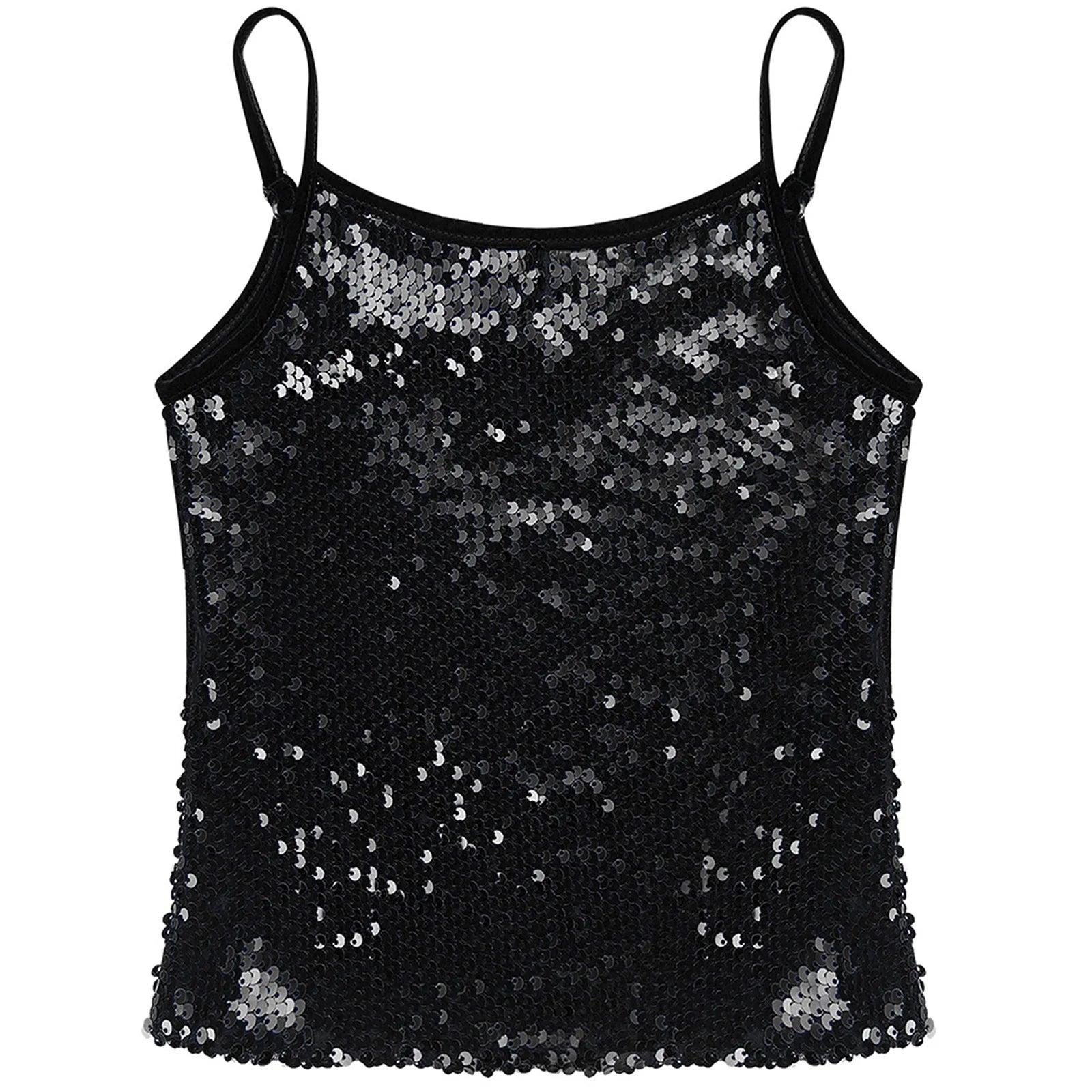 Womens Adjustable Spaghetti Straps Sparkly Sequin Tops Slim Fit Patchwork Tank Top for Pole Dancing Disco Night Out Costume