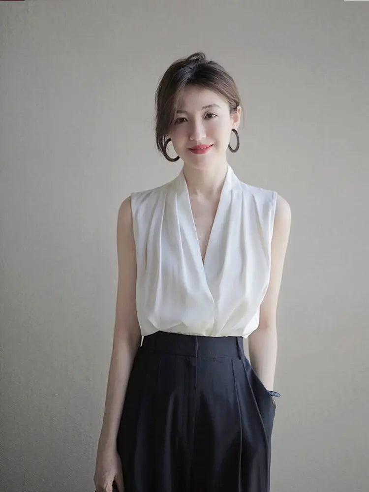 2025 New Summer Satin Tank Top Women's Blouses Sleeveless Solid Cross V-neck Casual Korean Elegant Vest Shirts for Womens
