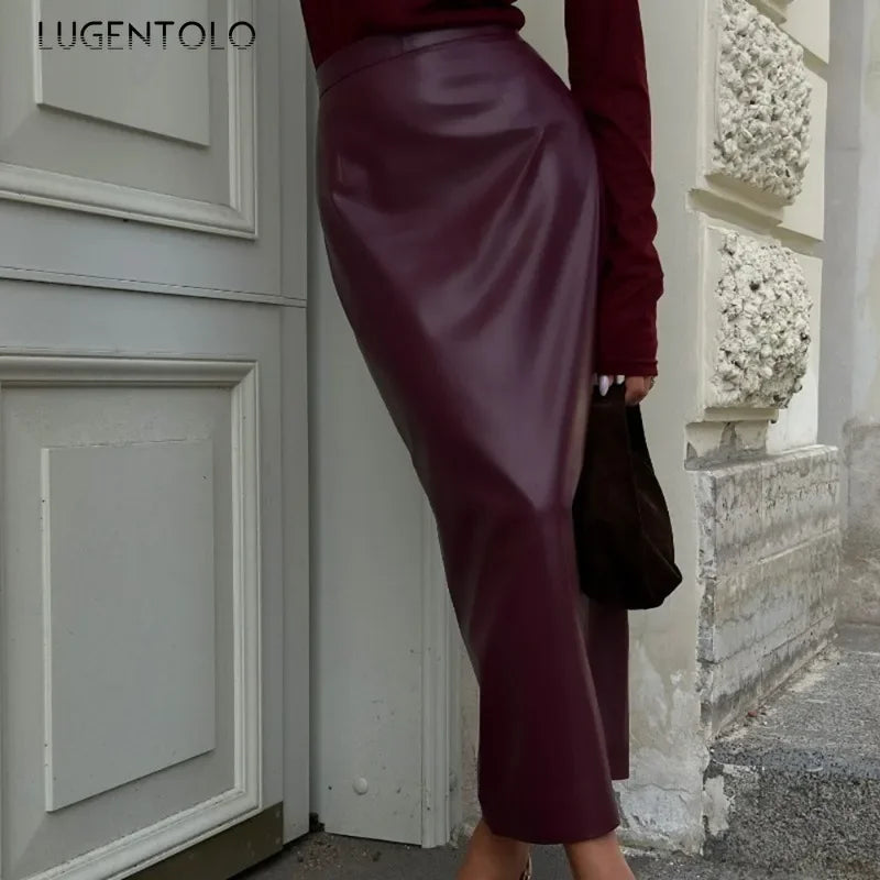 Women PU Skirt 2024 New Fashion High Waist Faux Leather Bottoms Sexy Mid-length Package Hip Slit Hem Elegant Office Party Wear