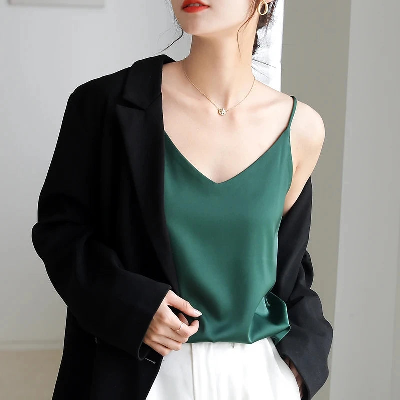 Spaghetti Strap Top Women Halter V Neck Basic White Cami Sleeveless Satin Silk Tank Tops Women Summer 2025 Camisole