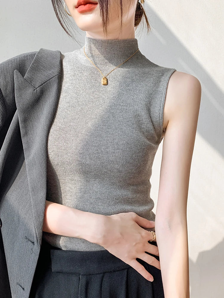 Sexy Summer Turtleneck Tank Tops Women Ribbed Sleeveless Solid Slim Top Female Sleveless Camisole Vest Casual Knitted Camis 2025