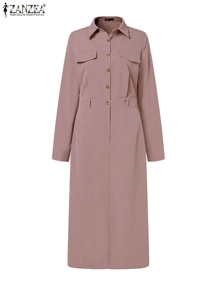 ZANZEA Women Lapel Long Sleeve Vestidos 2025 Spring Solid Work Dresses Casual Waisted No Belted Robe Office Lady Midi Spilt Robe