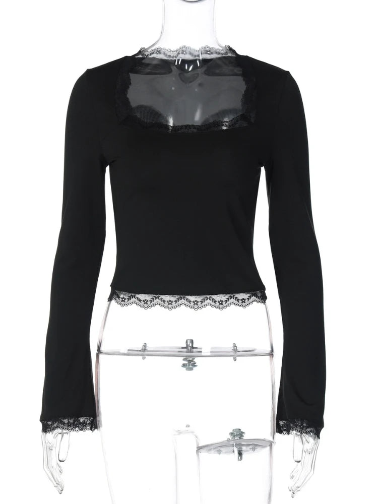 FDYOUI Lace Patchwork Long Sleeve T-shirts Streetwear Y2K Woman Clothes Casual Fashion Square Collar Slim Pink Tee Shirt Tops