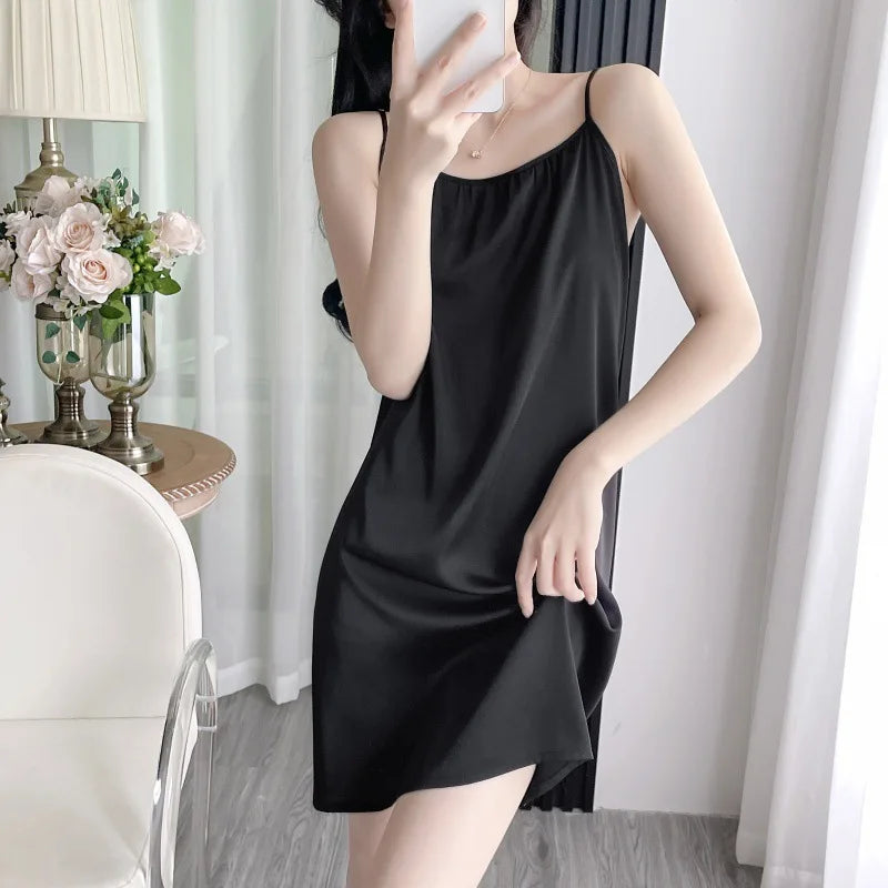 Solid Color Satin Slip Nightdress Sexy Backless Sleep Dress Women's Sleepwear Nightwear