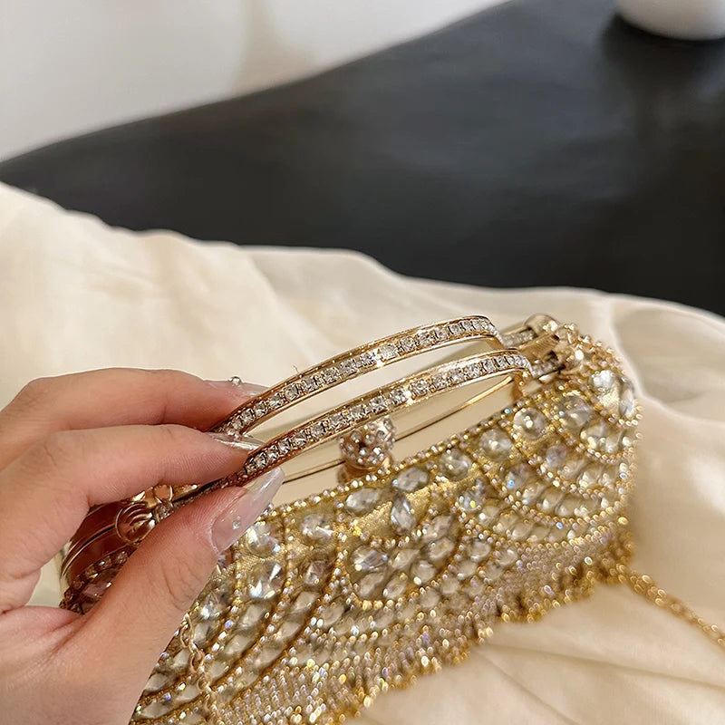 Gold Evening Clutch Bag For Women Luxury Diamond Party Purse Handbag Fashion Tassel Shoulder Crossbody Box Lipstick Bag Designer