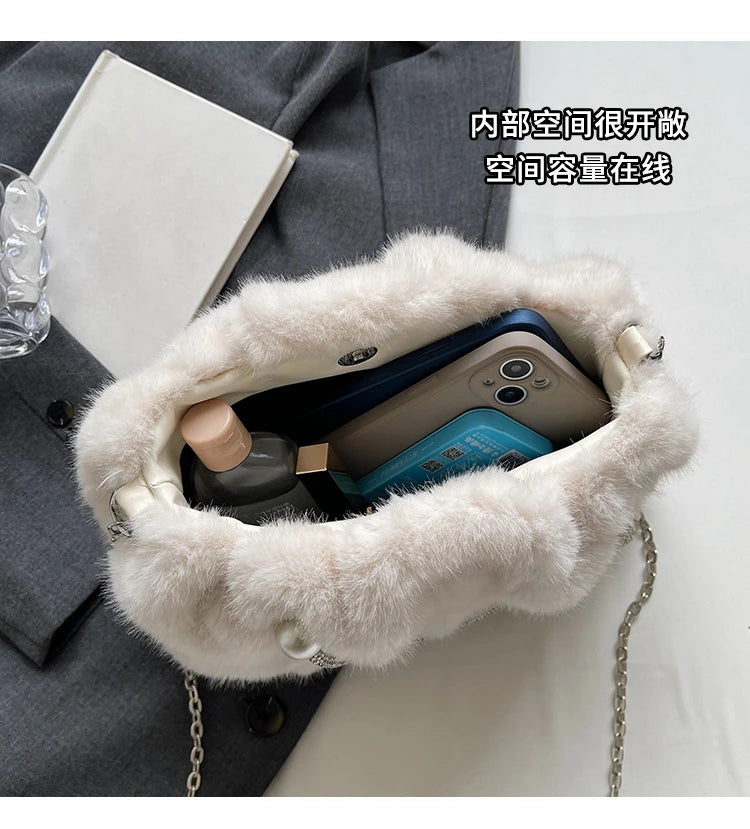 Soft Plush Evening Bags For Elegant Women Fur Dinner Party Clutch Chain Crossbody Winter Warm Luxury Designer Handbags