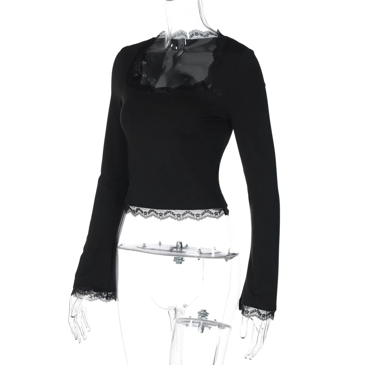 FDYOUI Lace Patchwork Long Sleeve T-shirts Streetwear Y2K Woman Clothes Casual Fashion Square Collar Slim Pink Tee Shirt Tops