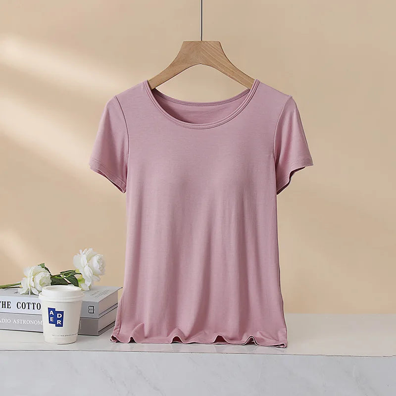 Women's T-Shirt with Chest Pad Tops  One-Piece Bra Cup Slim T Shirt Female Summer Top Bottoming Shirts Home Wear Women Pajamas