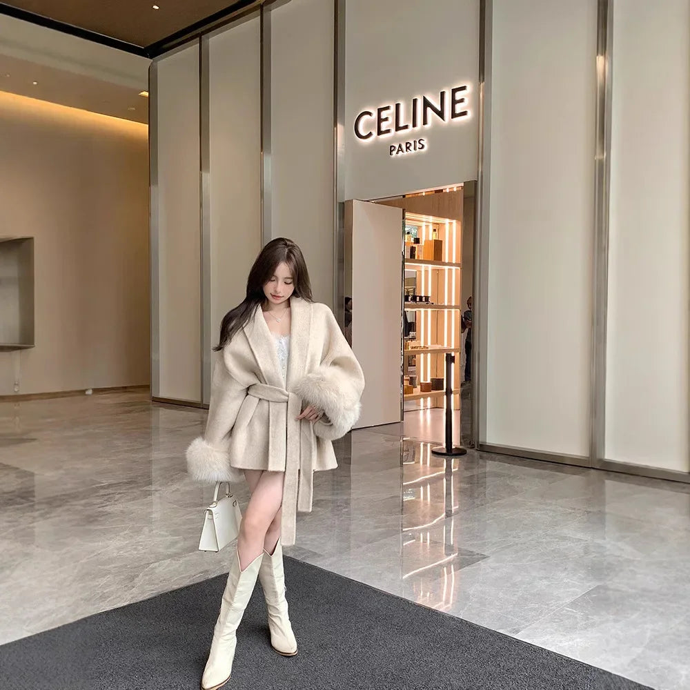 Slimming Thin Woolen Coat with Belt And Fur Sleeves for Women Trendy Autumn Winter Outerwear Elegant High-End Feeling