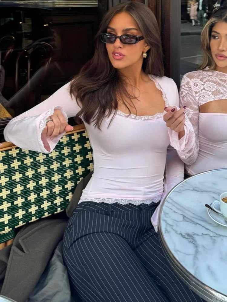 FDYOUI Lace Patchwork Long Sleeve T-shirts Streetwear Y2K Woman Clothes Casual Fashion Square Collar Slim Pink Tee Shirt Tops