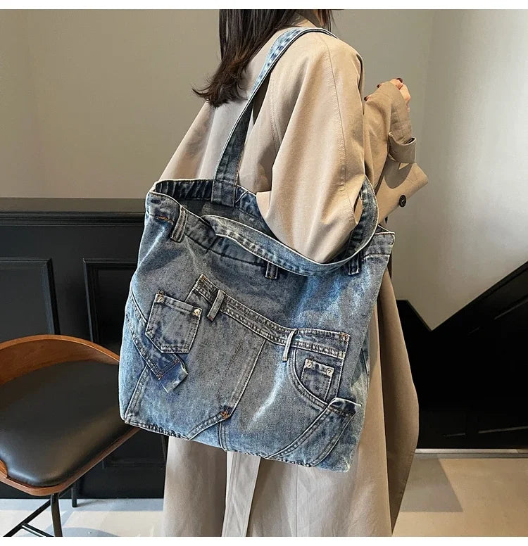 2025 Spring New Hot Sale Denim Tote Bags Solid Large Capacity Personality Retro Durable Commute Style Shoulder Bags for Women