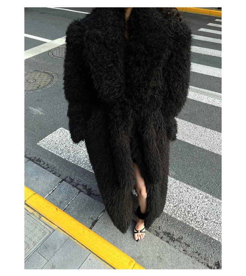 Lautaro Winter Extra Long Soft Thick Warm Fluffy Black Fuzzy Shaggy Hairy Faux Fur Coat Women Sashes Luxury Furry Overcoat 2023