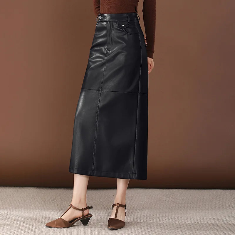 PU Leather Skirt Women's Autumn 2025 New High Waist Hip Skirt Medium and Long Straight Split One-step Skirt