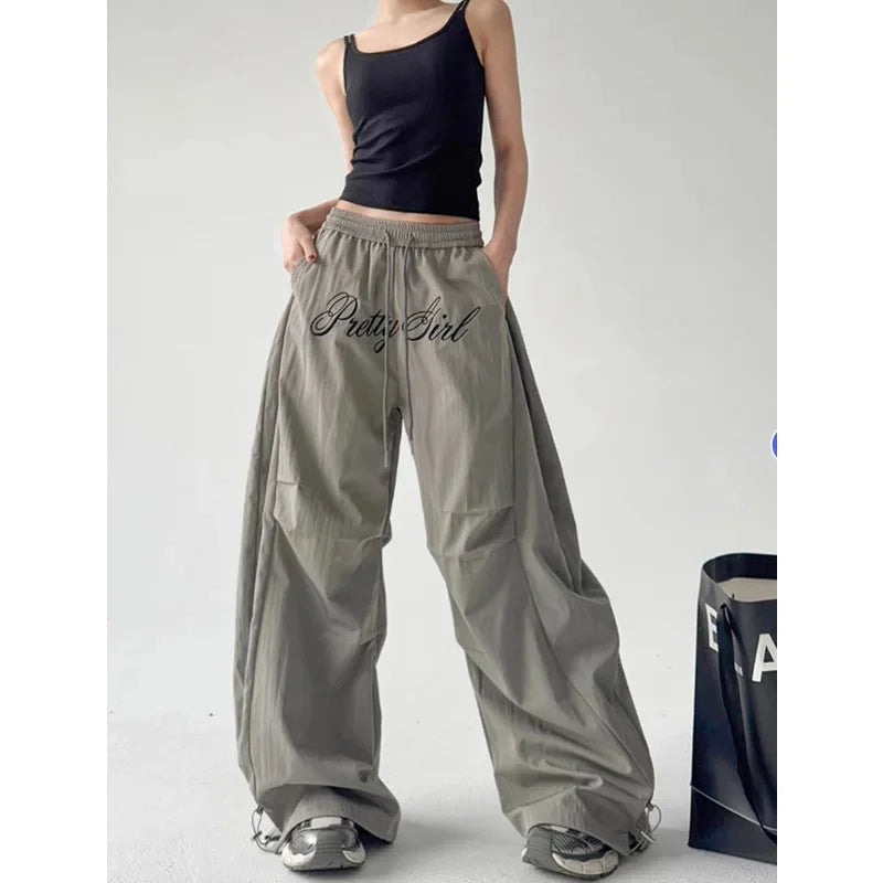 Women Loose Dancing Long PantsGrey Letter Embroidery Jazz Dance Pants Wide Leg Workwear Trousers for