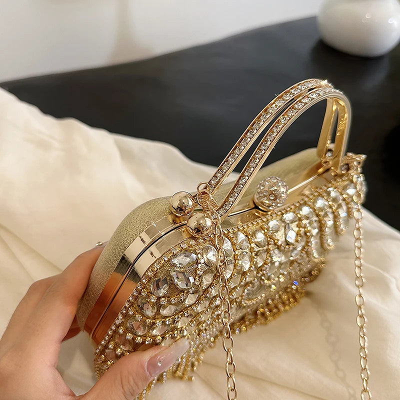 Gold Evening Clutch Bag For Women Luxury Diamond Party Purse Handbag Fashion Tassel Shoulder Crossbody Box Lipstick Bag Designer