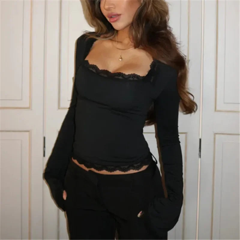 Women's Spring Lace Trim Tee Shirt Blouses Fashion Long Sleeve Square Neck Slim Trendy Party T-shirt Y2K Streetwear