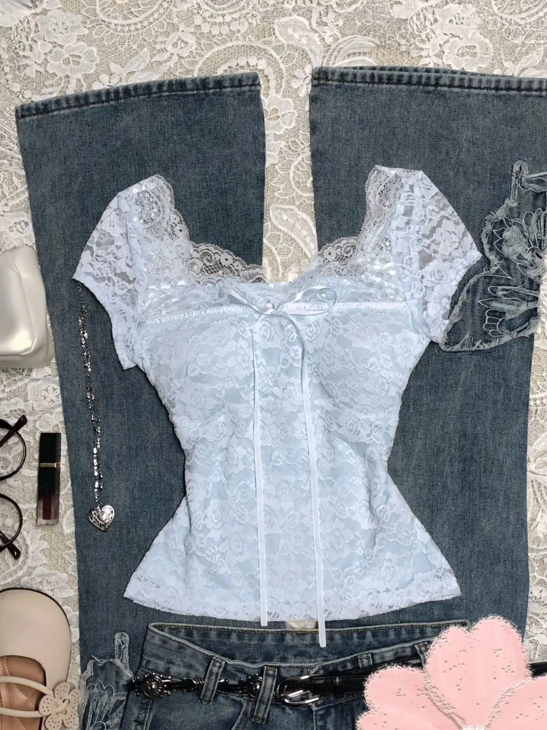 Lace Slim T-shirt Women Vintage Sweet Crop Top Fairy Harajuku Korea Y2k 2000s Hot Girl Short Sleeve Elegant Bow Sexy Summer Tees