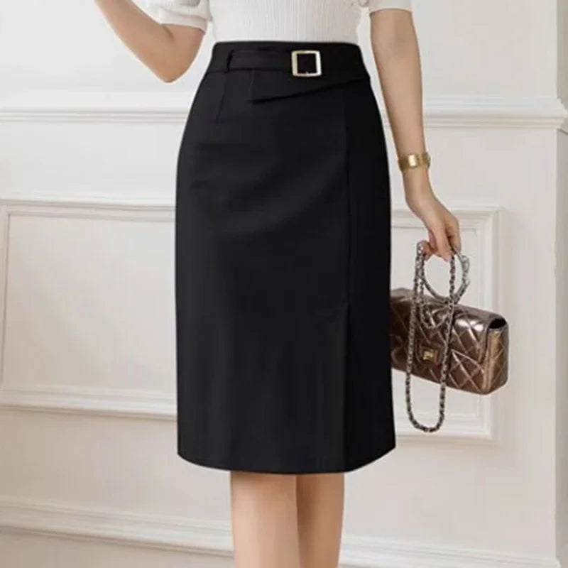 Fashion Work Slim Skirt Woman Vintage Zipper Pencil Midi Skirts Elegant OL Button Overskirts Female Autumn Solid Dresses