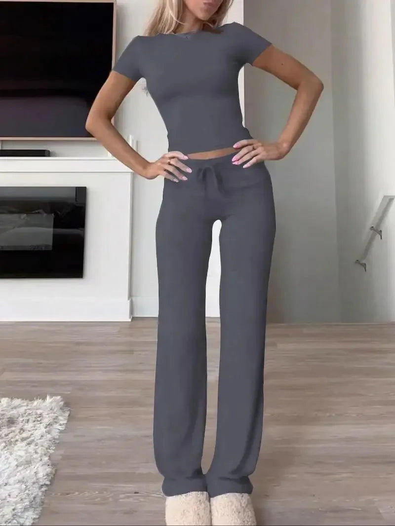 Women's Casual Lounge Set - Short Sleeve Top & Pants Two Piece, Home Wear Yoga Outfit