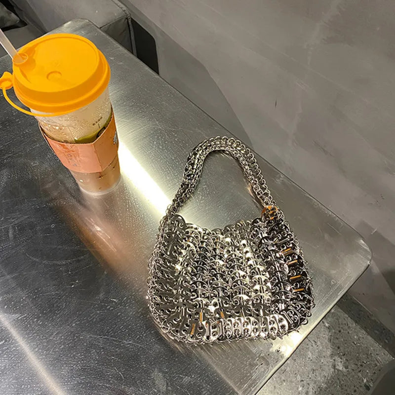 Women's Bag 2025 Trend luxury Designer Handbag Metal Chain Tote Bag Hollow Evening Bag Clutch Female Travel Holiday Shoulder Bag