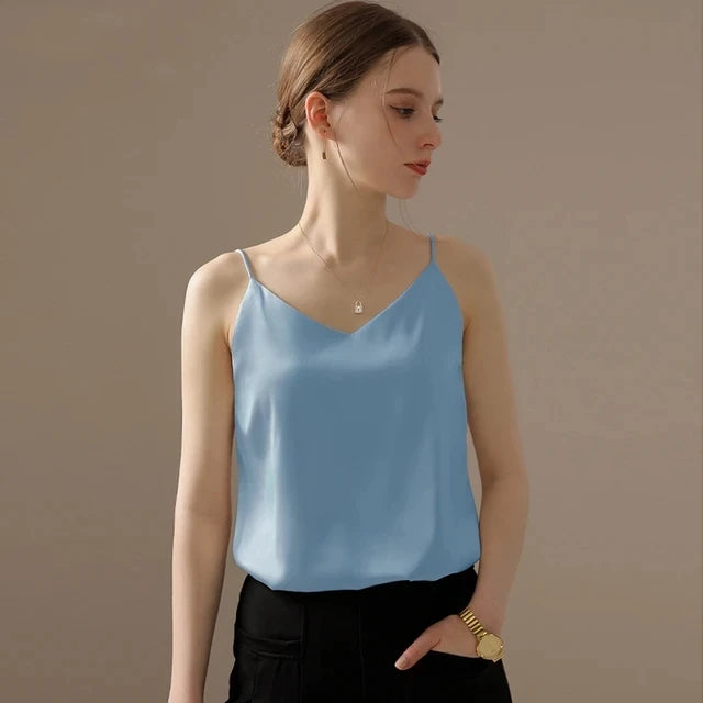 Spaghetti Strap Top Women Halter V Neck Basic White Cami Sleeveless Satin Silk Tank Tops Women Summer 2025 Camisole