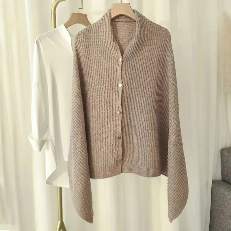 Warm Knitted Plain Color Scarf Thick Single Breasted Wool Shawl Wrap Women Cape Open Side Woven Cardigan Poncho Stole