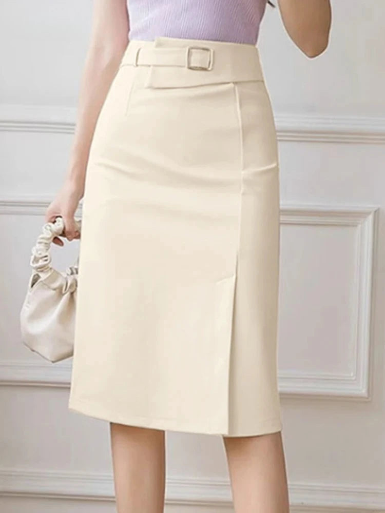 Fashion Work Slim Skirt Woman Vintage Zipper Pencil Midi Skirts Elegant OL Button Overskirts Female Autumn Solid Dresses