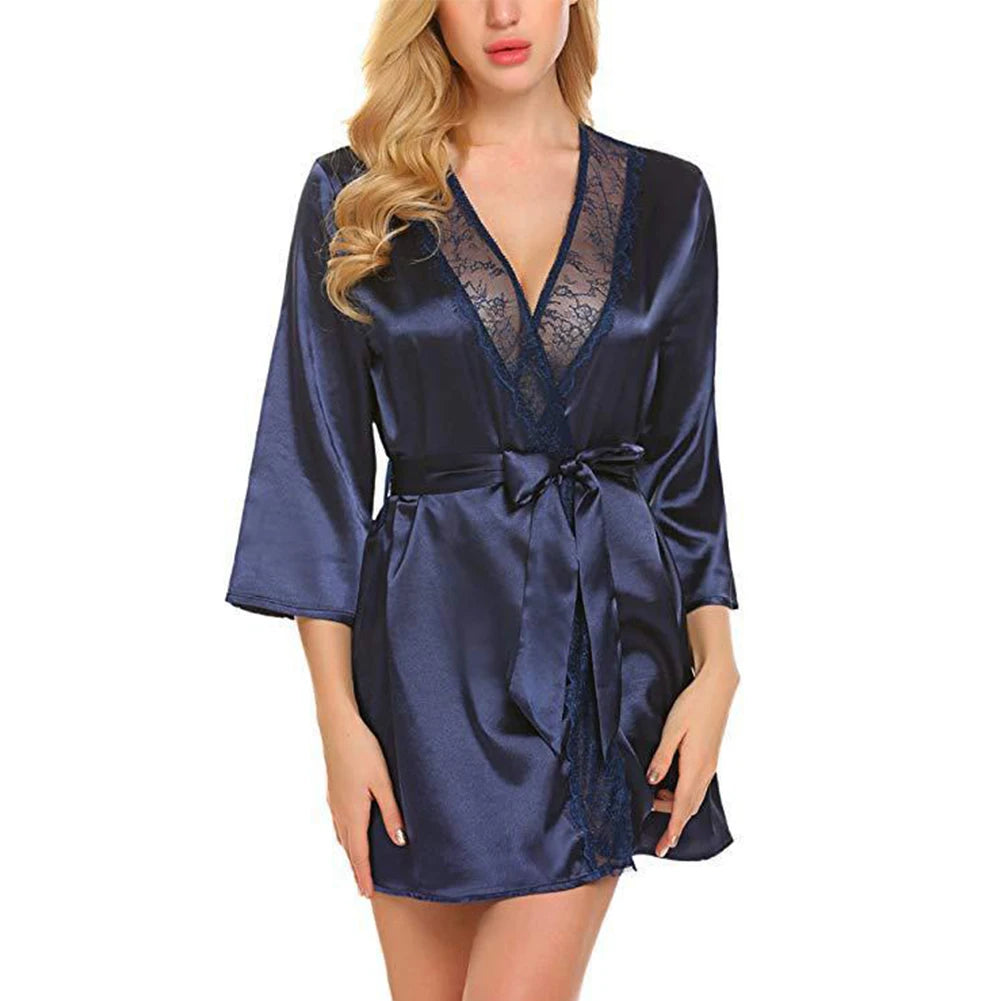 Women Satin Robes Summer Wrap Dressing Gown Bathrobe Nightgown Pajamas V-neck Sexy Oversized Imitation Silk Perspective Robes