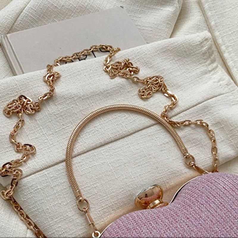 Evening Clutch Bag Women Bag Shiny Handbag Heart Shape Metal Clutches Bag Fashion Chain Shoulder Crossbody Bag Luxury Lady Purse